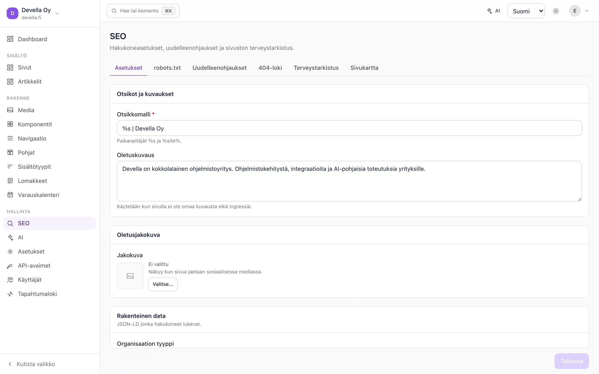 Ylläpidon SEO-näkymä: otsikkomalli, oletuskuvaus, jakokuva ja rakenteinen data.