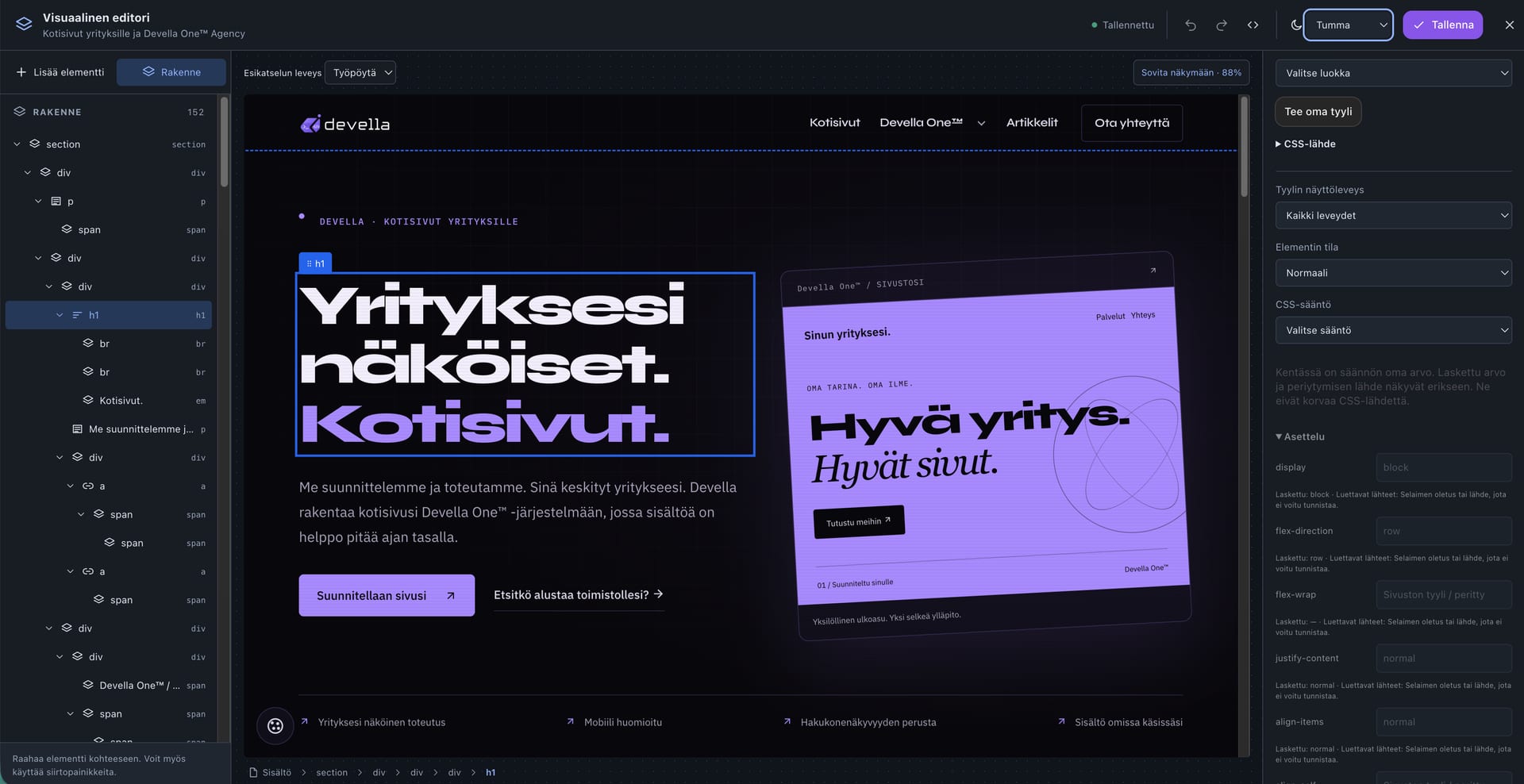 Devella One -alustan visuaalinen editori: vasemmalla sisällön rakennepuu, keskellä sivun esikatselu ja oikealla valitun elementin tyyliasetukset.